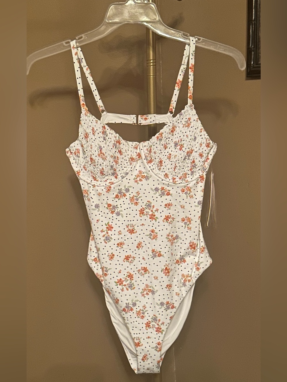 Aqua White One-Piece Swimsuit with Orange Floral Print and Lavender Accents